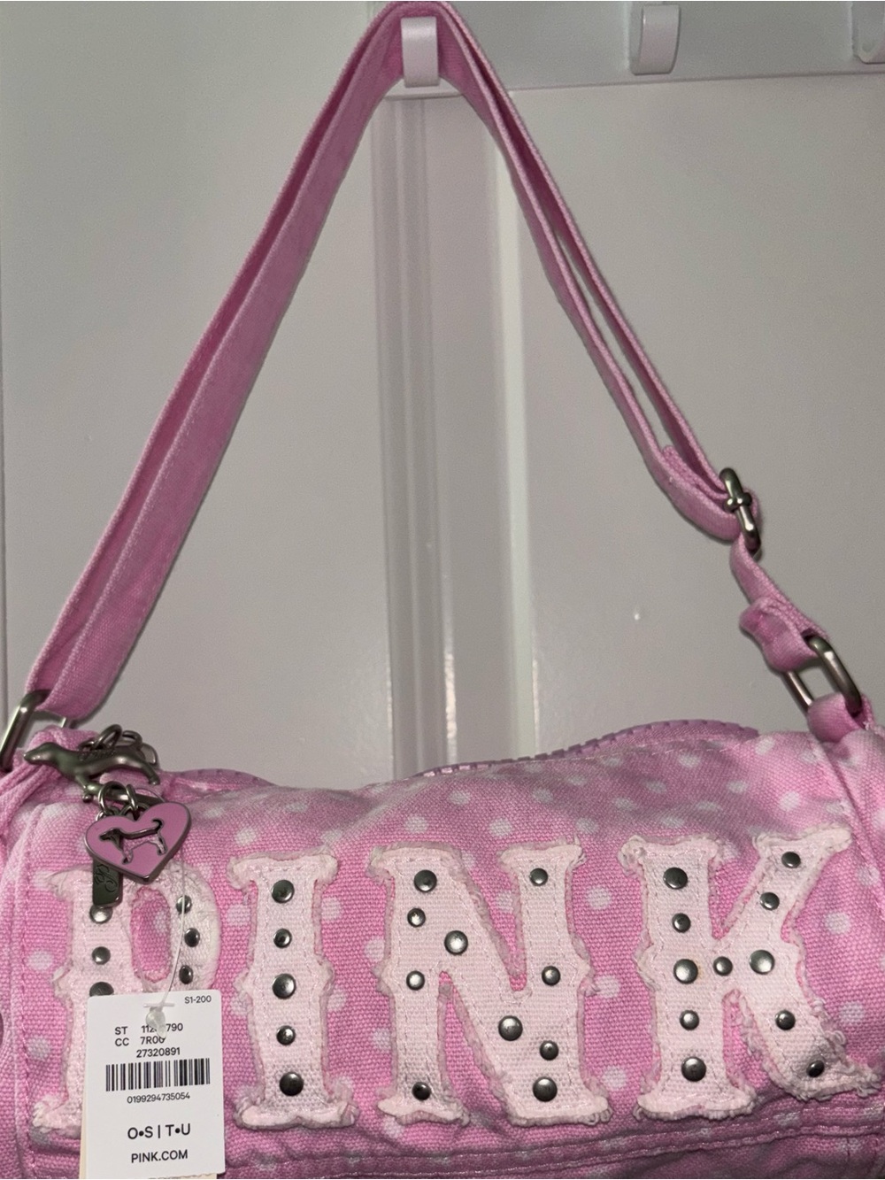NWT PINK Canvas Rolled Duffle Shoulder Bag
with white polka dots and rhinestones - Picture 2 of 4